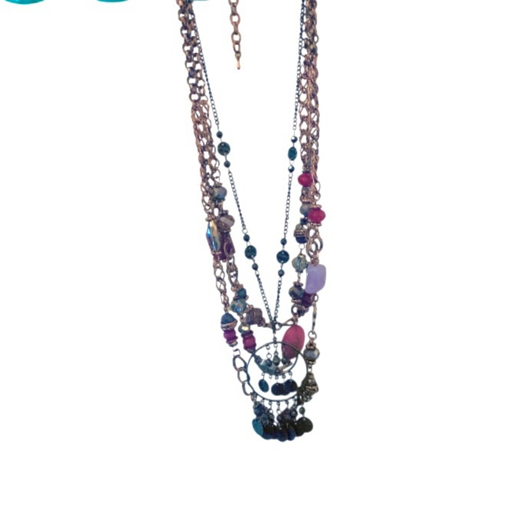 Three Chain Necklace Maroon & Purple Sparkly Assorted Dynamic Beads